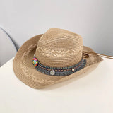 Women's Cowboy Straw Sun Hat Openwork Wide Brim Charm Band – Island Getaway