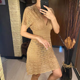 Women's Crochet Swim Cover Up Short Sleeve V-Neck – Beach Vacation