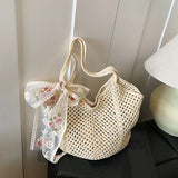 Women's Crochet Tote Bag Natural Woven Open Top – Beach Vacation