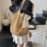 Women's Crochet Tote Bag Natural Woven Open Top – Beach Vacation