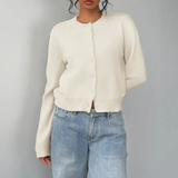 Women's Cropped Cardigan Button Front Crew Neck Ribbed Trim – Brunch Date