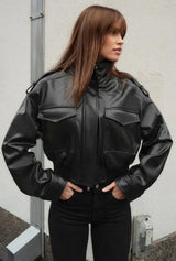 Women's Cropped Leather Look Jacket Zip Front Stand Collar Chest Pocket – Night Out
