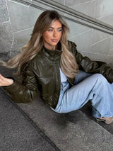 Women's Cropped Leather Look Jacket Zip Front Stand Collar Chest Pocket – Night Out
