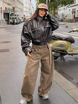 Women's Cropped Leather Look Jacket Zip Front Stand Collar Chest Pocket – Night Out