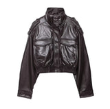 Women's Cropped Leather Look Jacket Zip Front Stand Collar Chest Pocket – Night Out
