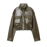 Women's Cropped Leather Look Jacket Zip Front Stand Collar Chest Pocket – Night Out