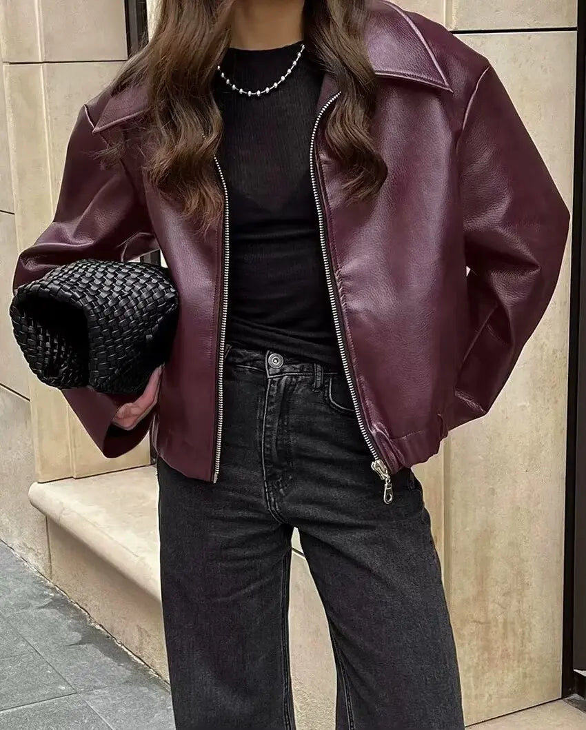Women's Cropped Leather Look Jacket Zip Front Wide Collar Gathered Hem – Bike Ride