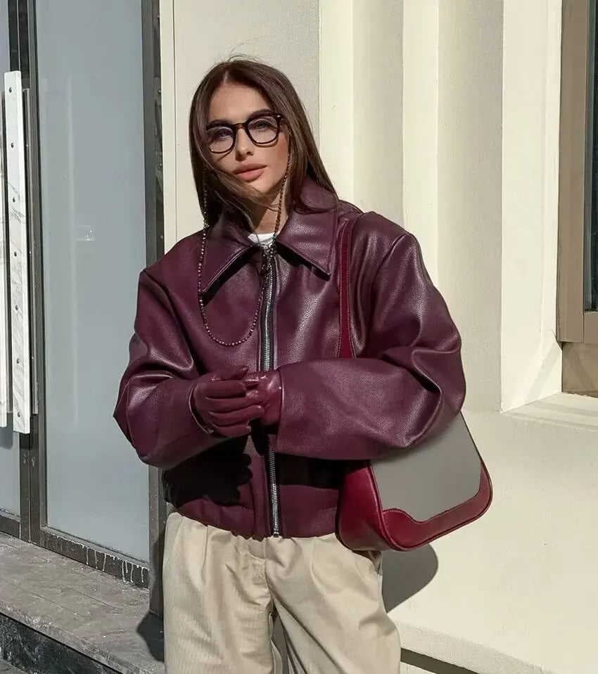 Women's Cropped Leather Look Jacket Zip Front Wide Collar Gathered Hem – Bike Ride
