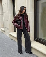 Women's Cropped Leather Look Jacket Zip Front Wide Collar Gathered Hem – Bike Ride