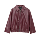 Women's Cropped Leather Look Jacket Zip Front Wide Collar Gathered Hem – Bike Ride