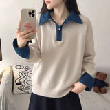 Women's Denim Collar Sweater Button Placket Long Sleeve Ribbed Hem – Campus Errands