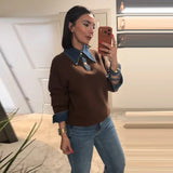 Women's Denim Collar Sweater Button Placket Long Sleeve Ribbed Hem – Campus Errands