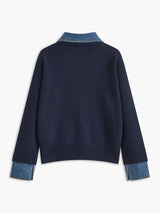 Women's Denim Collar Sweater Button Placket Long Sleeve Ribbed Hem – Campus Errands