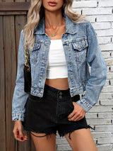 Women's Denim Jacket Cropped Button Front Long Sleeve - Casual