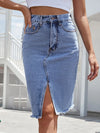 Women's Denim Midi Skirt High Waist Front Slit – Street Style