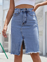 Women's Denim Midi Skirt High Waist Front Slit – Street Style
