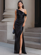 Women’s Draped Evening Maxi Dress One-Shoulder Ruched Front Side Slit – Formal Receptions