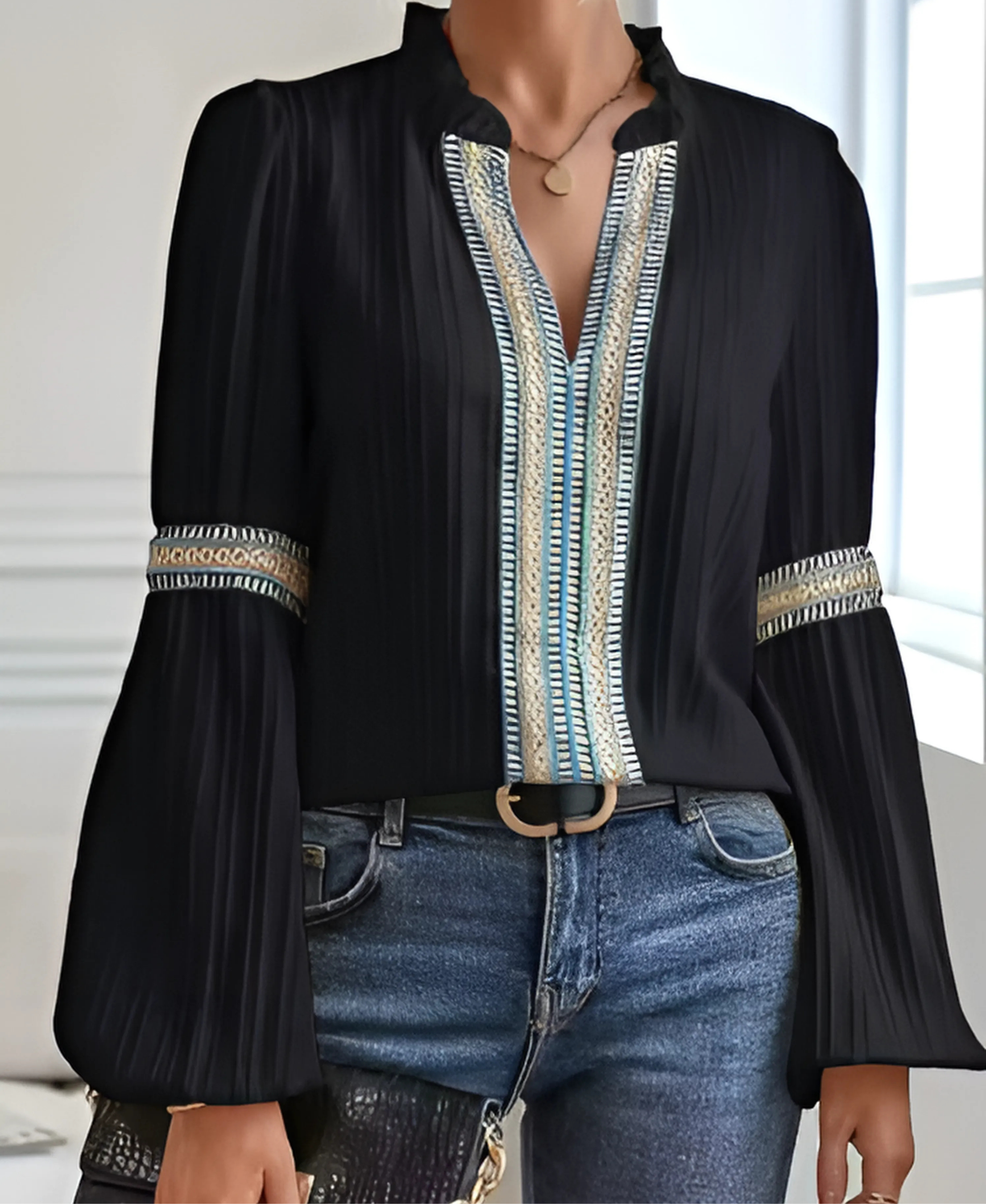 Women's Embroidered Blouse Long Sleeve V Neck – Garden Party