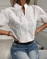 Women's Embroidered Blouse Short Sleeve Round Neck – Garden Party