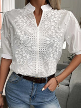 Women's Embroidered Blouse Split Neck Eyelet Short Sleeve – Afternoon Tea
