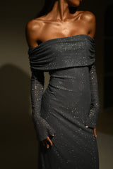 Women’s Evening Maxi Dress Off Shoulder Long Sleeve Sparkle Detail – Formal Soirées