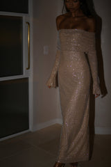 Women’s Evening Maxi Dress Off Shoulder Long Sleeve Sparkle Detail – Formal Soirées