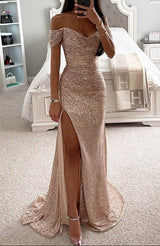 Women’s Evening Maxi Dress Off Shoulder Sequin High Slit – Gala Receptions
