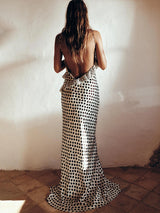 Women's Evening Maxi Dress Polka Dot Open Back V Neck – Night Out
