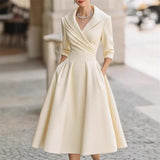 Women's Evening Midi Dress Shawl Collar Elbow Sleeve – Wedding Guest