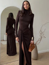 Women's Fall Wedding Guest Dress High Neck Long Sleeve Draped Front – Cocktail Party