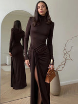 Women's Fall Wedding Guest Dress High Neck Long Sleeve Draped Front – Cocktail Party