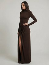Women's Fall Wedding Guest Dress High Neck Long Sleeve Draped Front – Cocktail Party