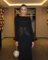 Women's Fall Wedding Guest Dress Long Sleeve Mesh Panel – Evening Reception