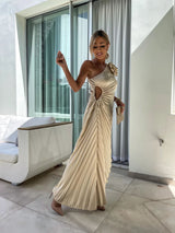Women's Fall Wedding Guest Dress One Shoulder Pleated Midi – Resort Reception