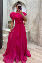 Women's Fall Wedding Guest Dress Pleated Maxi Ruffle Sleeve – Garden Party
