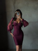 Women's Fall Wedding Guest Dress V Neck Sheer Sleeve – Formal Reception
