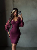 Women's Fall Wedding Guest Dress V Neck Sheer Sleeve – Formal Reception