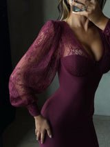 Women's Fall Wedding Guest Dress V Neck Sheer Sleeve – Formal Reception