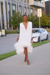 Women’s Feather Midi Dress Deep V Neckline Sleeveless High-Low Hem – Gala Dinners