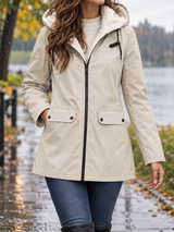 Women’s Fleece-Lined Rain Jacket Hooded Zip Front Flap Pockets – Rainy Day Errands