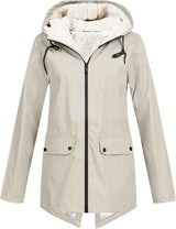 Women’s Fleece-Lined Rain Jacket Hooded Zip Front Flap Pockets – Rainy Day Errands