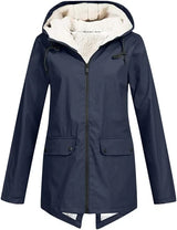 Women’s Fleece-Lined Rain Jacket Hooded Zip Front Flap Pockets – Rainy Day Errands