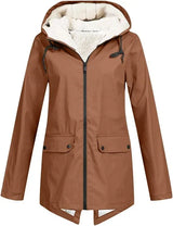 Women’s Fleece-Lined Rain Jacket Hooded Zip Front Flap Pockets – Rainy Day Errands