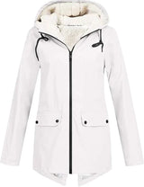 Women’s Fleece-Lined Rain Jacket Hooded Zip Front Flap Pockets – Rainy Day Errands