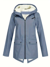 Women’s Fleece-Lined Rain Jacket Hooded Zip Front Flap Pockets – Rainy Day Errands