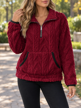Women’s Fleece Sweater Quarter Zip Kangaroo Pocket Textured Pattern – Cabin Weekends