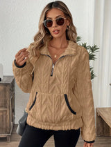 Women’s Fleece Sweater Quarter Zip Kangaroo Pocket Textured Pattern – Cabin Weekends