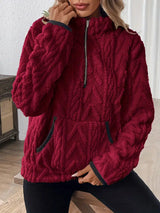 Women’s Fleece Sweater Quarter Zip Kangaroo Pocket Textured Pattern – Cabin Weekends