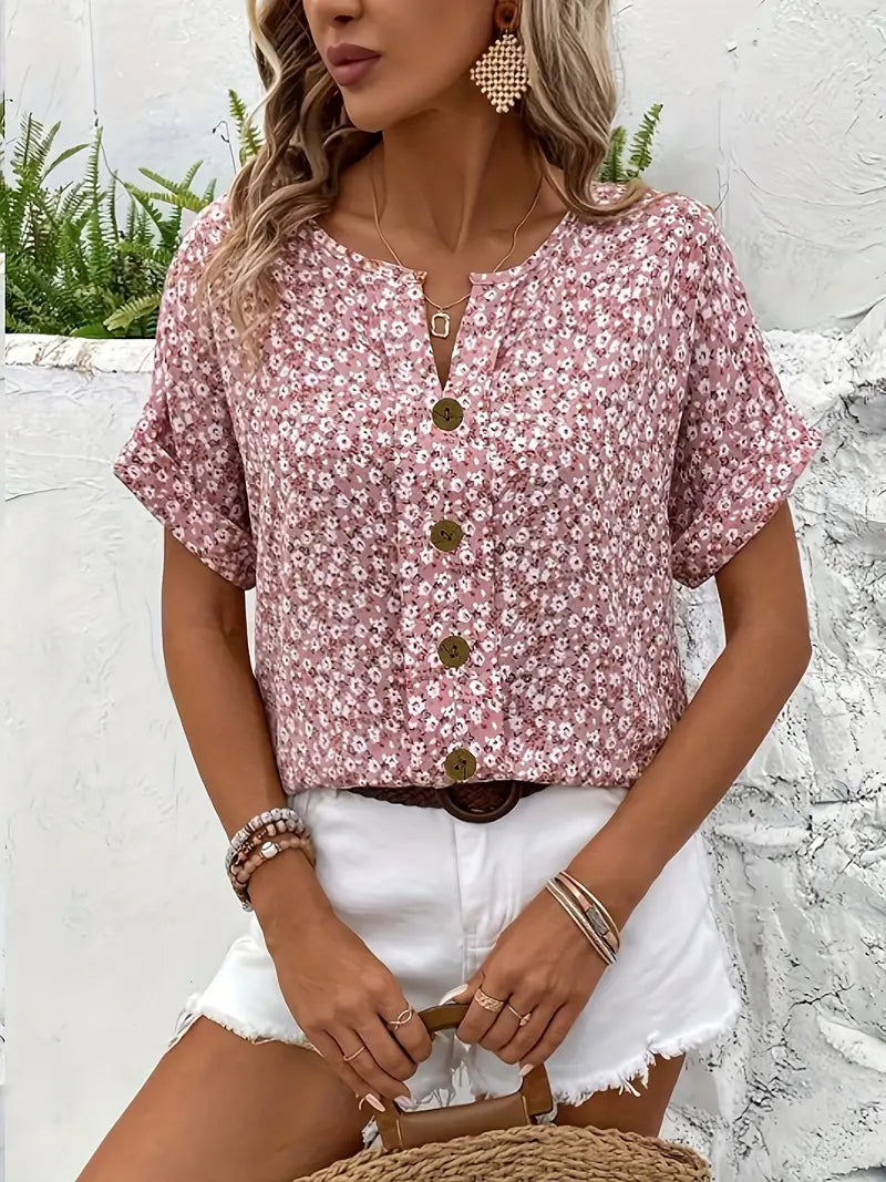 Women's Floral Blouse Short Sleeve Button Front – Summer Party