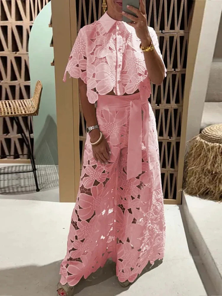 Women's Floral Lace Two Piece Set Cropped Top Wide Leg – Garden Party